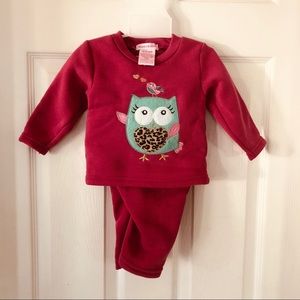 NWT TEDDY BOOM Hot pink embroidered owl sweat fleece outfit baby Size 3-6 M